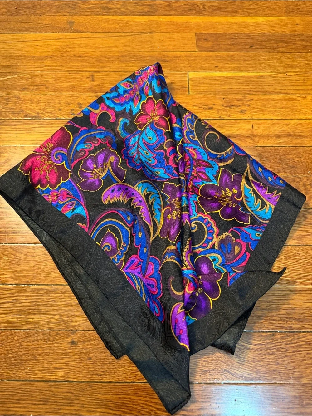 Vintage Black Scarf with Pink Purple Blue Floral Paisley